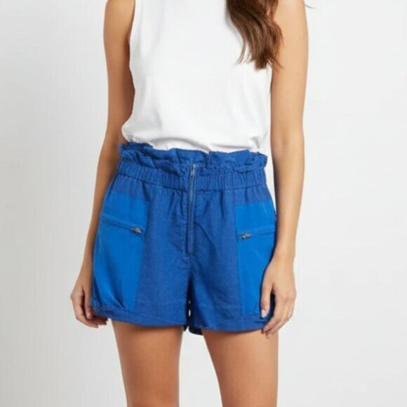 Aritzia Wilfred Shorts Crepe Paperbag Ruched Elastic Waist Linen Cobalt Blue - Picture 1 of 15